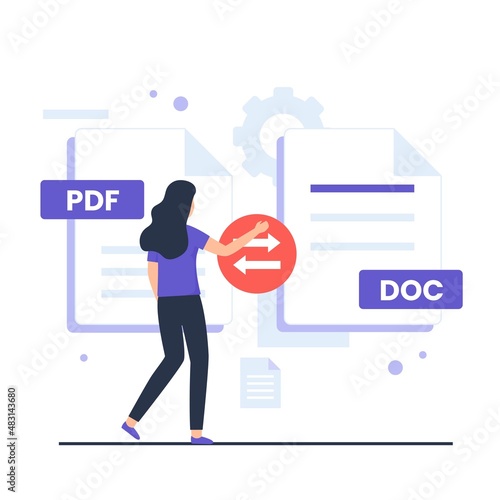 Pdf to doc convert illustration design concept. Illustration for websites, landing pages, mobile applications, posters and banners photo