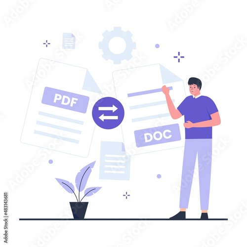 Pdf to doc convert illustration design concept. Illustration for websites, landing pages, mobile applications, posters and banners