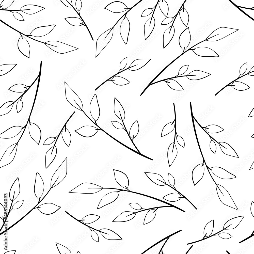 Black contour leaves seamless pattern on white background. Сover for eco, organic, vegan design.