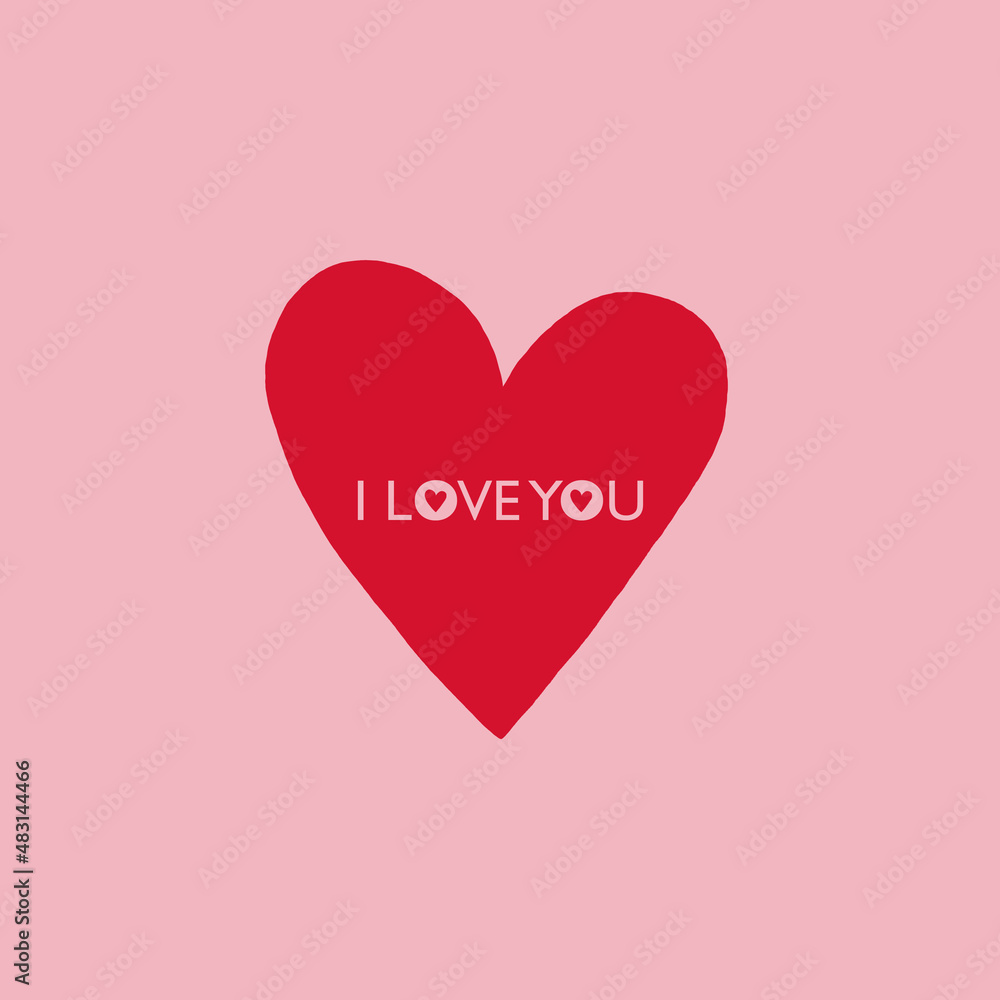 ''I love you'' inscription. Love illustration with a red heart on a pastel pink background. Valentine's day background. Valentine's day card. Valentine's day pattern. 14th February.
