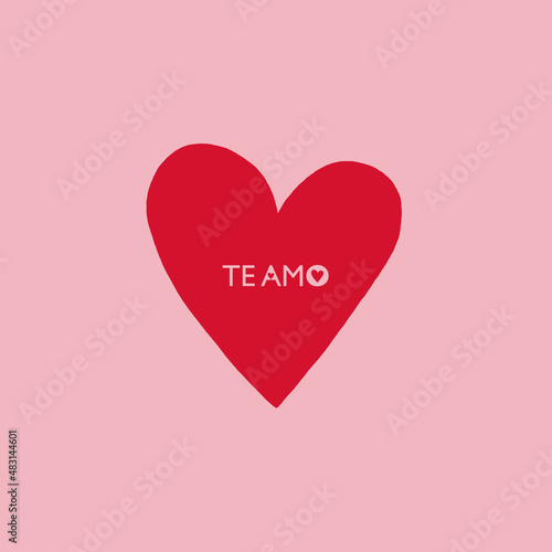 ''TE AMO'' inscription. Love illustration with a red heart on a pastel pink background. Valentine's day background. Valentine's day card. Valentine's day pattern. 14th February.