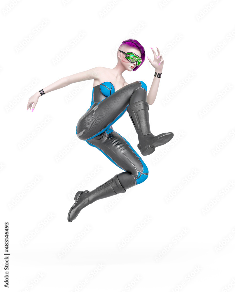 cyber punk girl on futuristic suit is jumping in a comic action pose