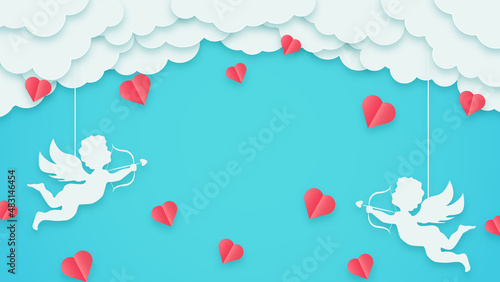Happy Valentine's Day banner. Holiday turquoise background design with cupids, clouds and hearts. Horizontal poster, greeting card flyer