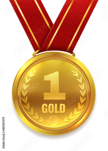 First place trophy. Golden medal on red ribbon