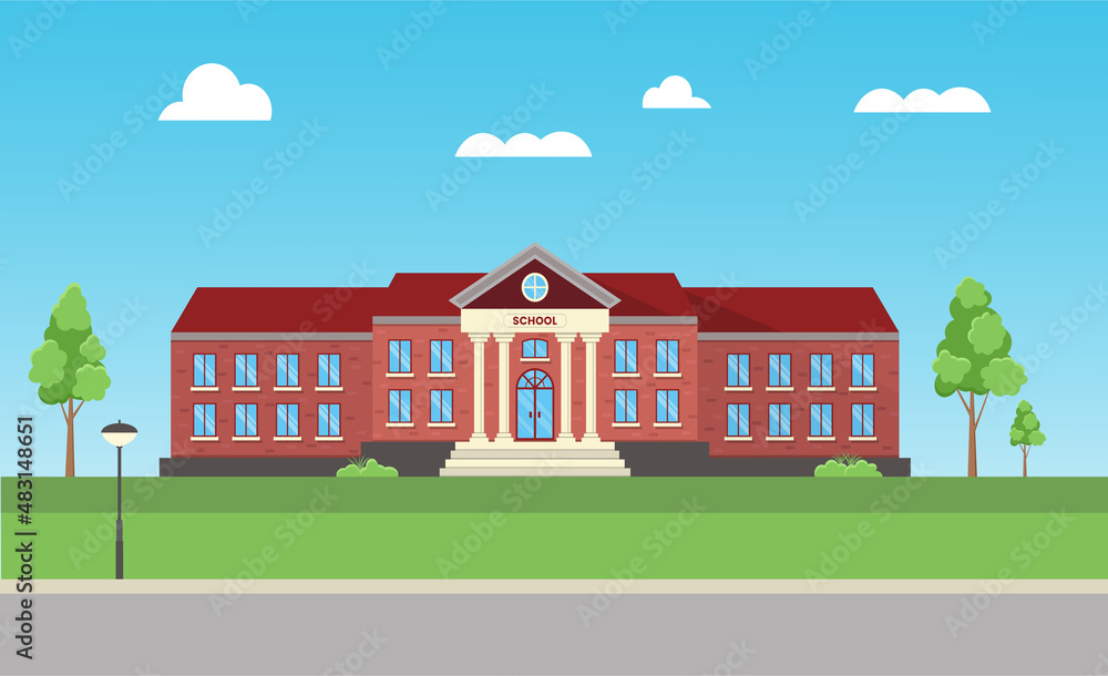School building in flat style, vector illustration with clear blue sky
