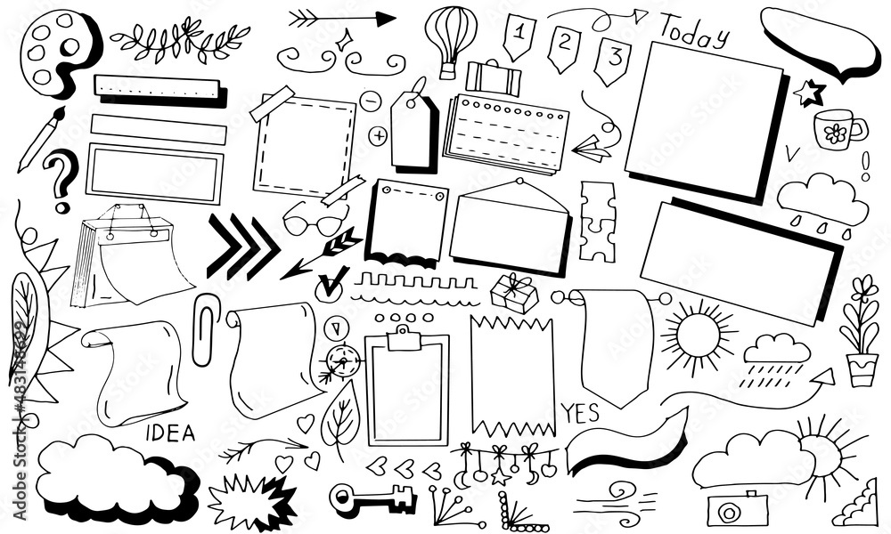 Fototapeta premium bulet jornal lists stickers glider scrapbook frames days of the week hand drawn doodle sketch vector illustration