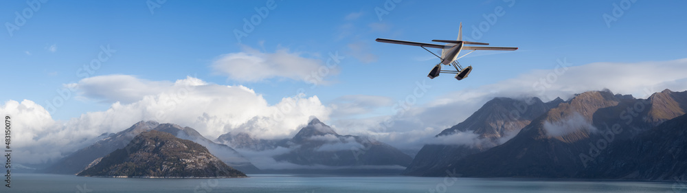 Seaplane Aircraft Flying over the Pacific Ocean Coast. Cloudy morning Colorful Sky.. 3d Rendering Adventure Dream Concept Artwork. Background Nature Image from Glacier Bay National Park, Alaska. Seaplane Aircraft Flying over the Pacific Ocean Coast. Cloudy morning Colorful Sky.. 3d Rendering Adventure Dream Concept Artwork. Background Nature Image from Glacier Bay National Park, Alaska.