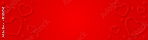 3D bright red hearts with soft shadow. Horizontal banner with blank center. A...