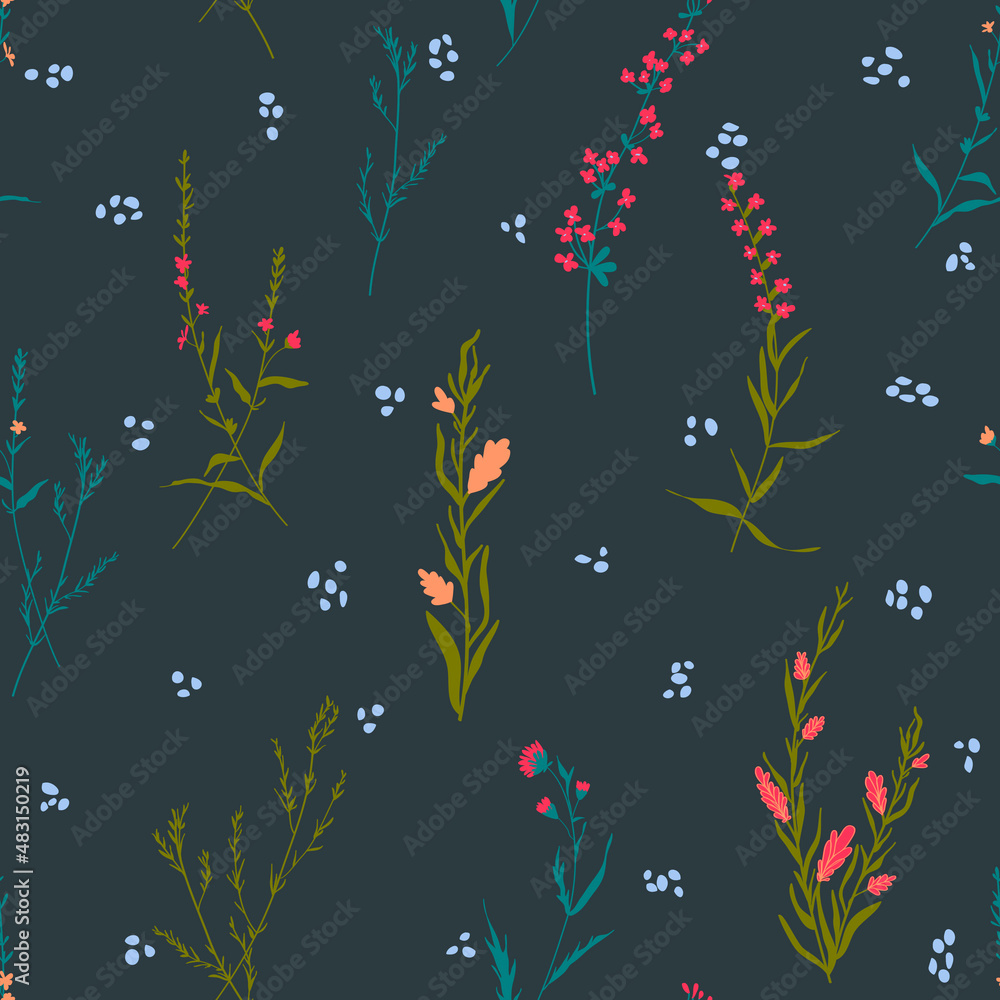 Floral blossom seamless pattern. Randomly scattered blooming botanical motif. Hand drawn flowers on branches sketch drawing on blue polka dotted background. Color vector illustration on grey