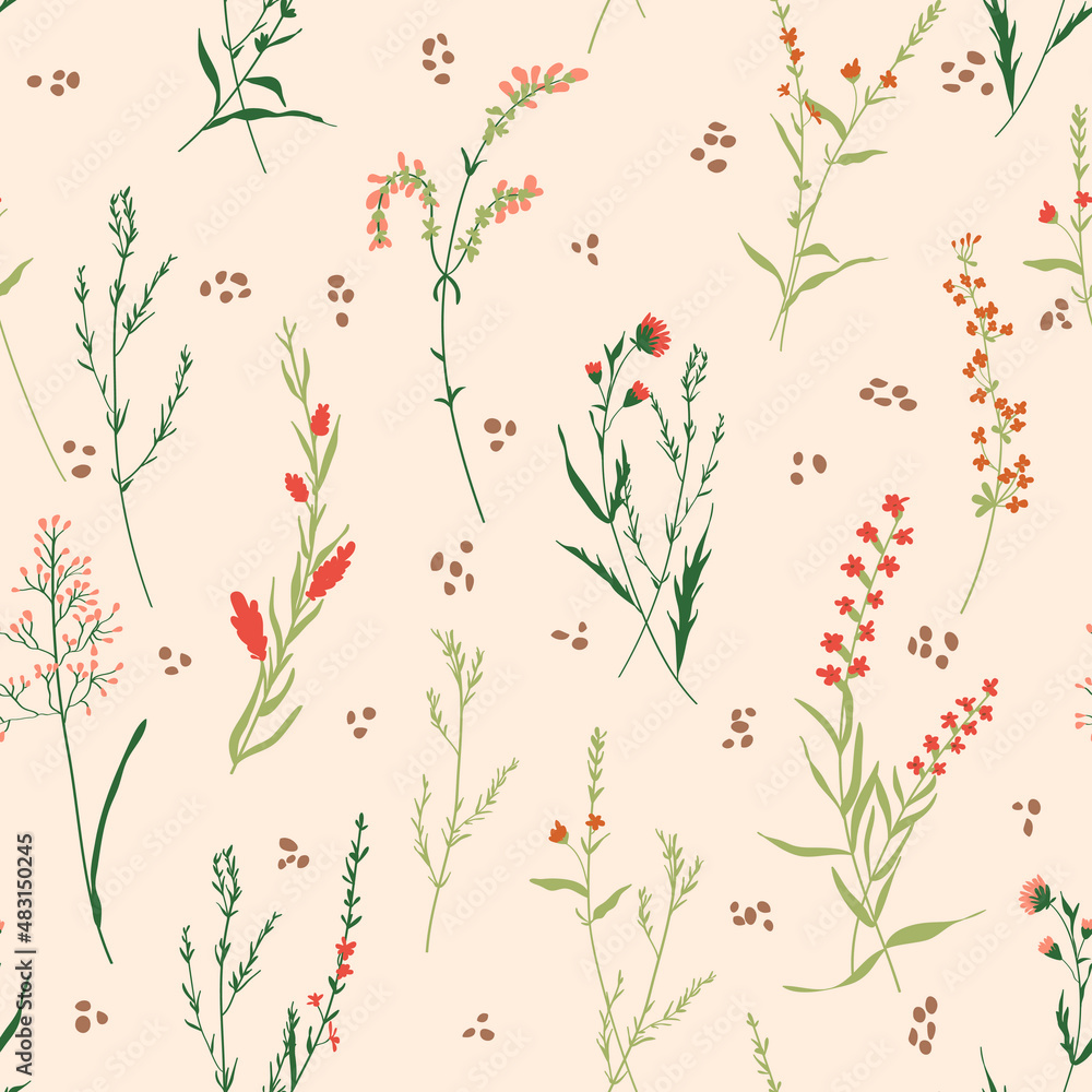 Colorful vector texture. Blossom floral seamless pattern. Blooming botanical motifs scattered random. Fashion, ditsy print, fabric. Hand drawn different wild meadow flowers on polka dot pink backgroud
