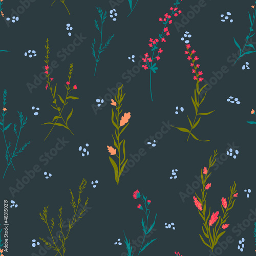 Floral blossom seamless pattern. Randomly scattered blooming botanical motif. Hand drawn flowers on branches sketch drawing on blue polka dotted background. Color vector illustration on grey