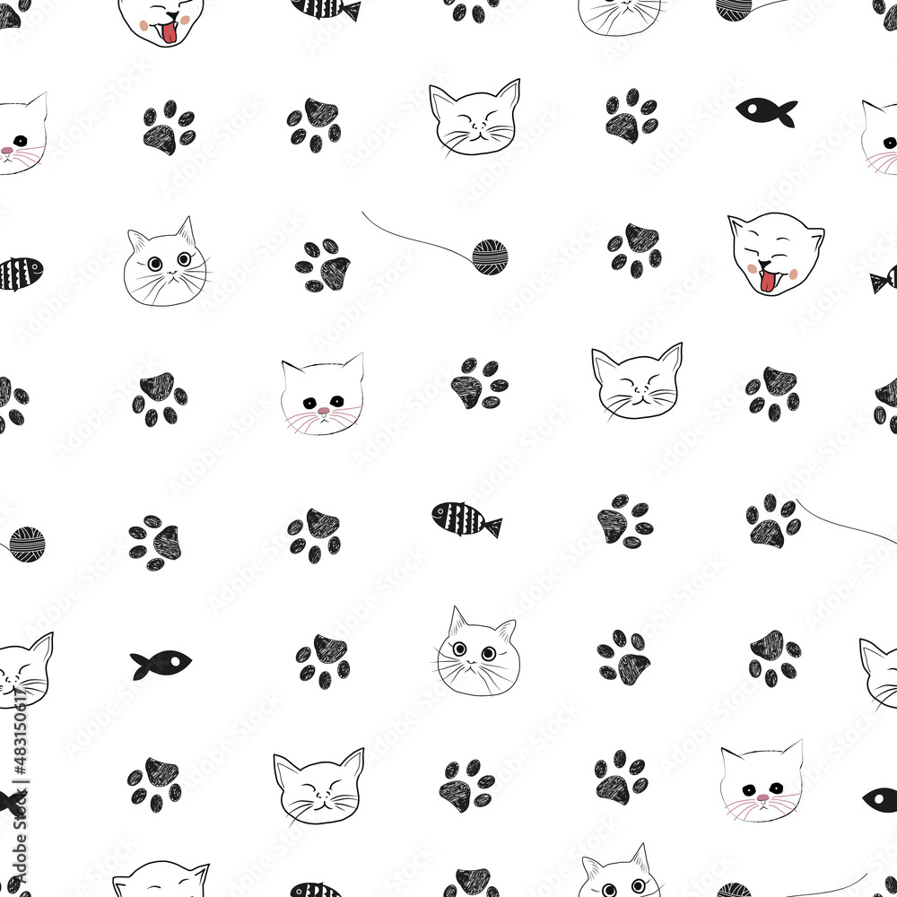 Cute hand drawn cat faces and doodle paw prints. Seamless fabric design cat pattern Cute hand drawn cat faces and doodle paw prints. Seamless fabric design cat pattern