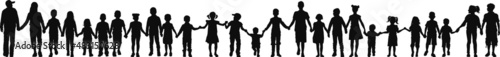 Group of children walking together hand in hand vector silhouette collection 