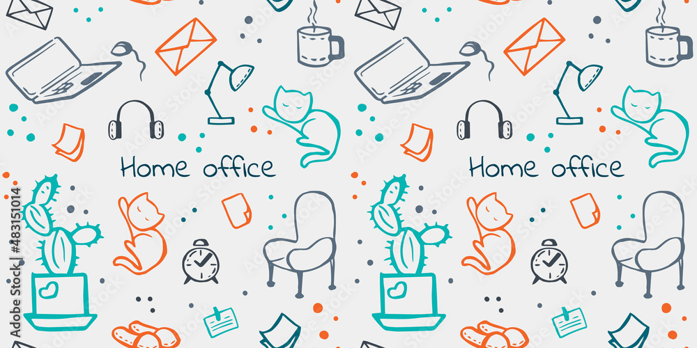 seamless pattern with doodles on a home office theme isolated on a white background. seamless background, pattern on the theme of quarantine and self-isolation at home. Vector illustration seamless pattern with doodles on a home office theme isolated on a white background. seamless background, pattern on the theme of quarantine and self-isolation at home. Vector illustration