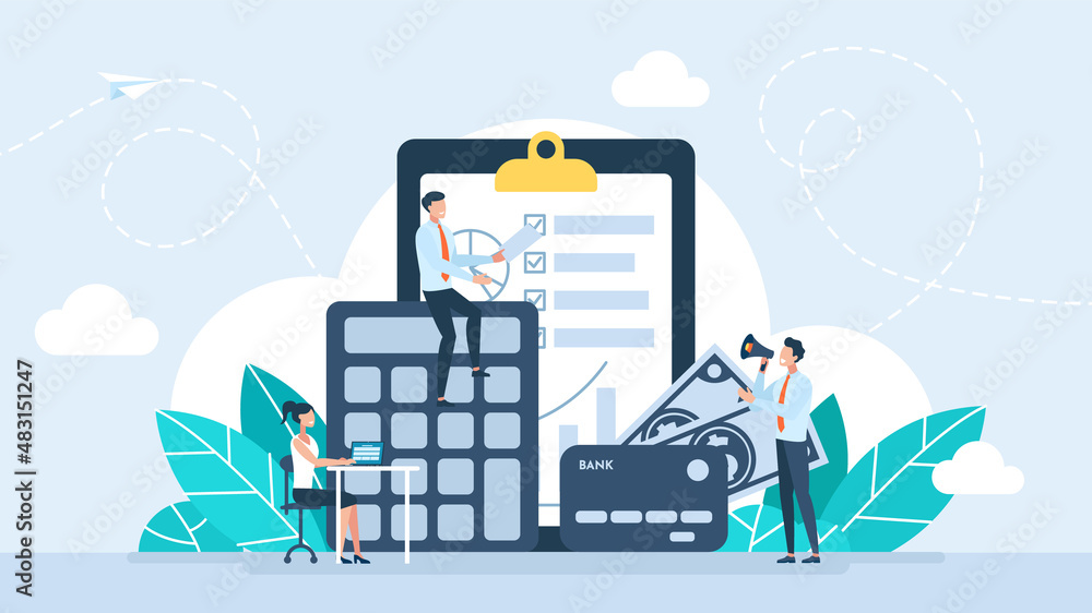 Financial planning. Accounting and auditing. Efficient use of resources. Bill payment abstract metaphor, tax credit, bank account. Flat tiny characters. Abstract business concept illustration set. - obrazy, fototapety, plakaty 