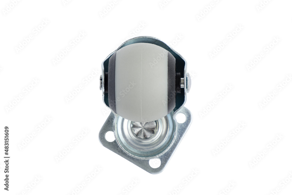 Wheel for furniture on a white background, isolated. Stand with replaceable rollers with rubber tires. A fastening device for furniture. Sewing production Wheel for furniture on a white background, isolated. Stand with replaceable rollers with rubber tires. A fastening device for furniture. Sewing production