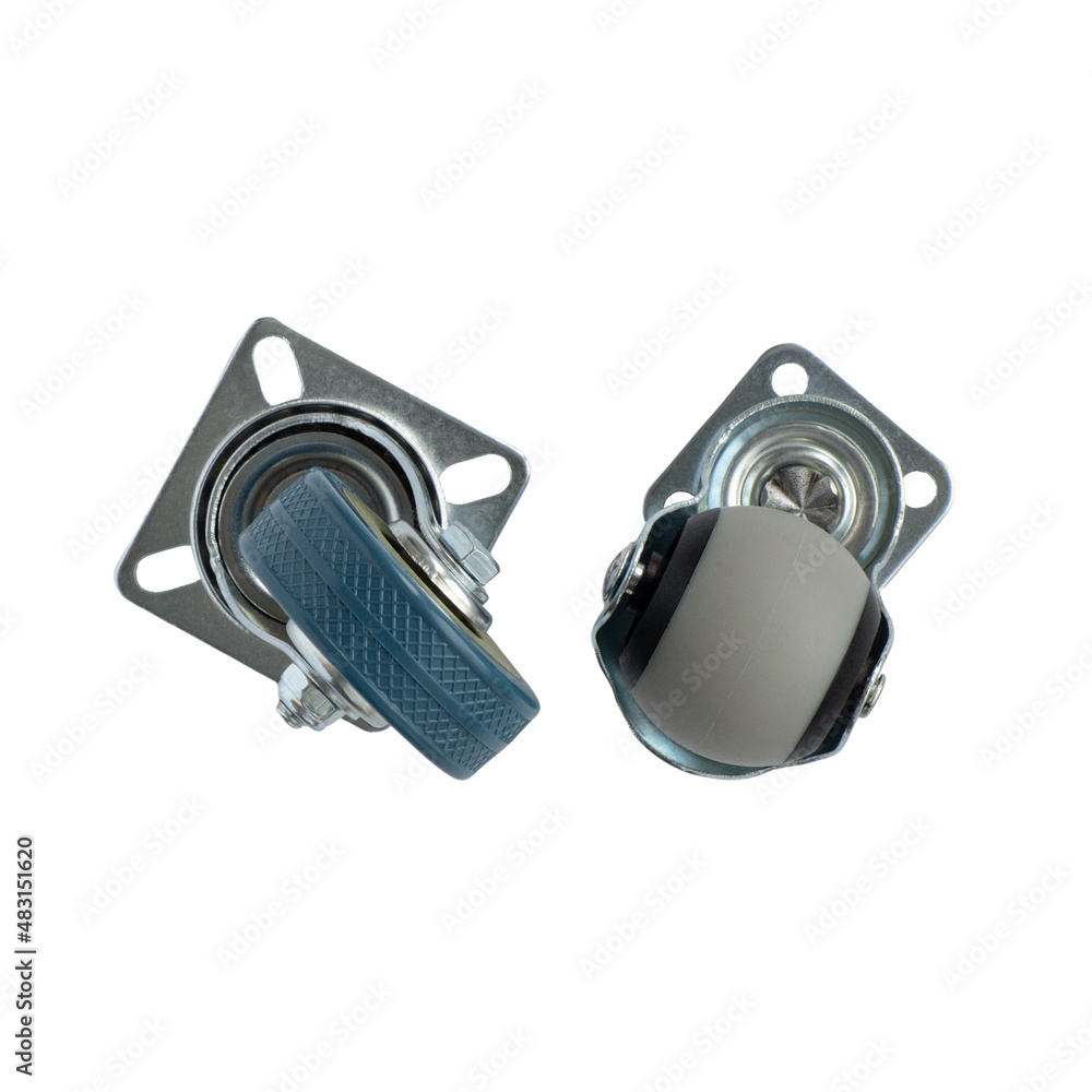 Wheels for furniture on a white background, insulated. A fastening device for furniture. Stand with replaceable rollers with rubber tires. Sewing production Wheels for furniture on a white background, insulated. A fastening device for furniture. Stand with replaceable rollers with rubber tires. Sewing production