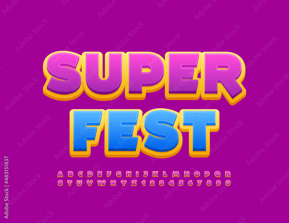 Vector event poster Super Fest with funny Purple and Yellow Font. Playful Alphabet Letters and Numbers for Kids