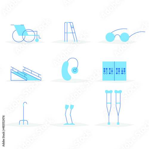 Disability flat minimalist icons set. Wheelchair, stilts, glasses, braille alphabet, ramp, hearing aid,  earphone, crutches, walking stick, prothesis, artificial limb. Vector stickers set. assistive
