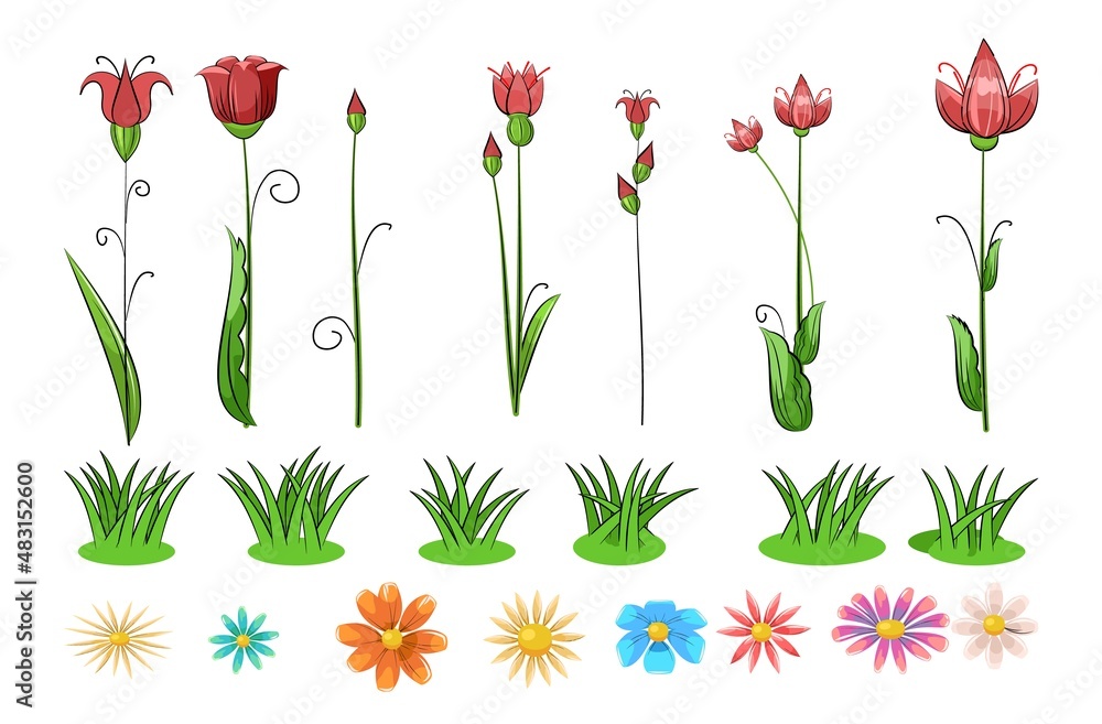 Obraz premium Blooming meadow with grass and flowers. Set of objects. Cartoon style. Romantic fabulous illustration. Isolated on white background. Beautiful natural view. Wild plant nature. Vector