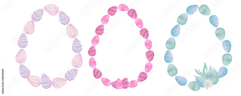 Watercolor Easter frames made of decorative eggs on a white background