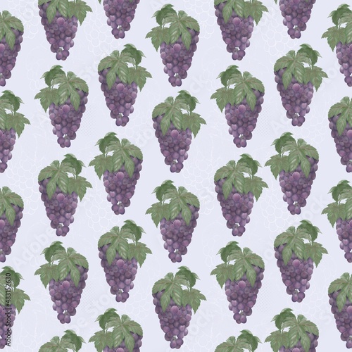 Seamless pattern of illustrations of blue grapes on a purple background