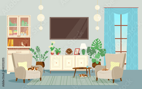 Living room interior. Cozy place to read or watch TV. Set of vector furniture and flowers. Flat plane style.  Graphic design template.