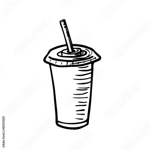 Take away drink sketch icon. Soda cup with a tube