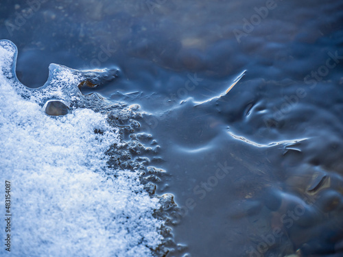 Close-up of ice on a cold November morning starting to form on the surface of the water in a creek.