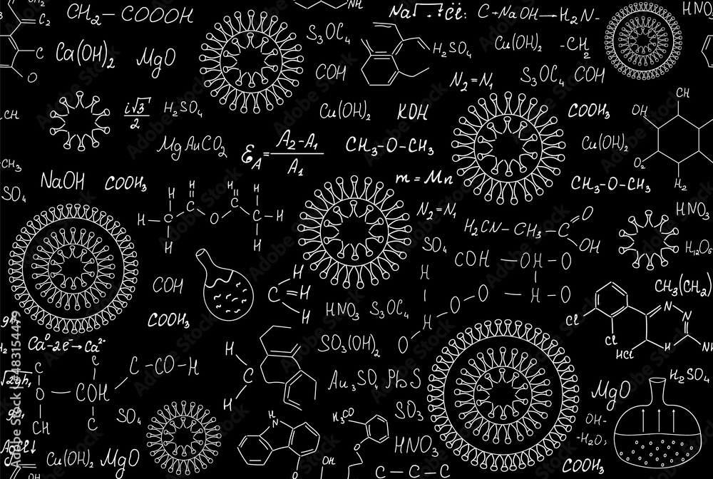 Medical scientific vector seamless pattern with coronavirus signs and handwritten chemical formulas