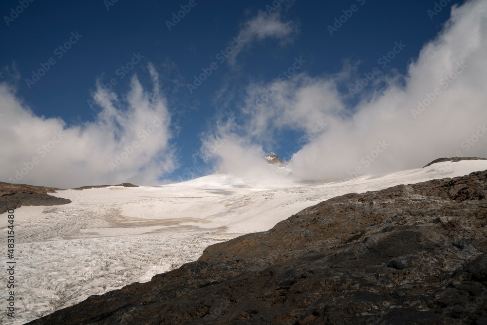 Alpine landscape. View of Tronador hill peak and glacier Castaño Overo ice field, in Pampa Linda, Patagonia Argentina.