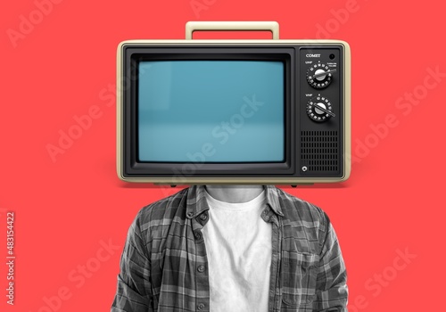 Contemporary art collage of male with TV instead head on background.