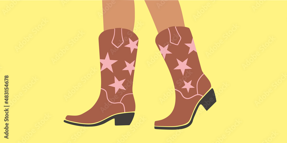 Vecteur Stock Western cowboy boots, shoe, footwear. Woman, female, girls  shoes. Classic shoes. High-cut cowboy boot. Feet, legs walking in women  leather boots with heel. Colorful Isolated flat vector illustration | Adobe