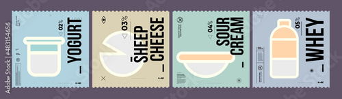Sheep cheese, sour cream, whey, yogurt. Farmer's products. A set of vector labels in a modern, minimalist style. Geometric icons and elements.