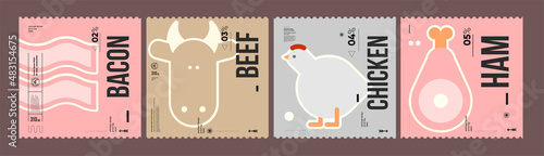 Bacon, beef, chicken, ham. Farmer's products. A set of vector labels in a modern, minimalist style. Geometric icons and elements.