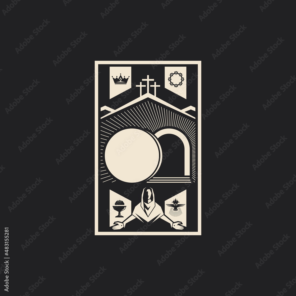 Resurrected Jesus Christ. An empty tomb and a rolled stone. Three crosses on Golgotha. Easter vector illustration. Resurrected Jesus Christ. An empty tomb and a rolled stone. Three crosses on Golgotha. Easter vector illustration.