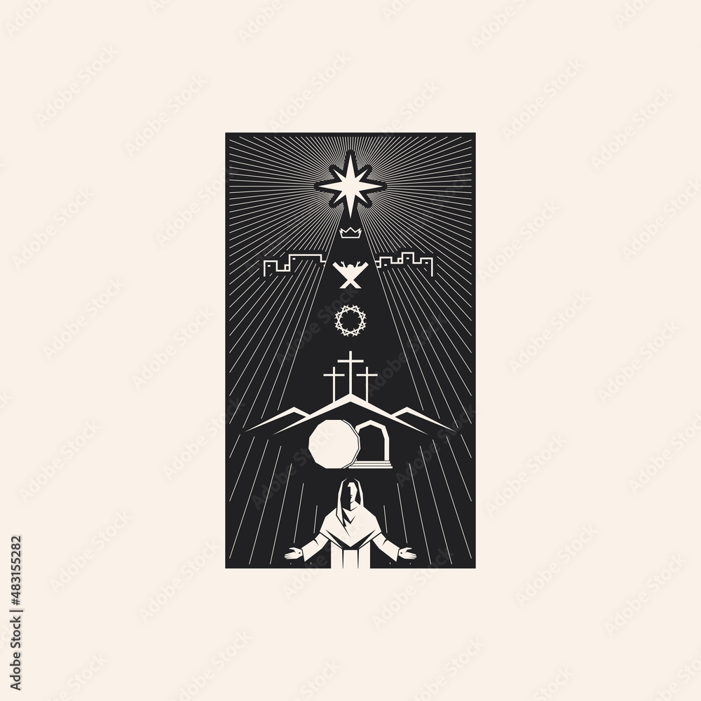 Easter vector illustration. A Christmas star, a manger, three crosses and an empty tomb. Resurrected Jesus Christ. Easter vector illustration. A Christmas star, a manger, three crosses and an empty tomb. Resurrected Jesus Christ.