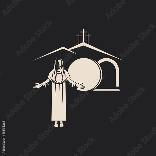 Resurrected Jesus Christ. An empty tomb and a rolled stone. Three crosses on Golgotha. Easter vector illustration.