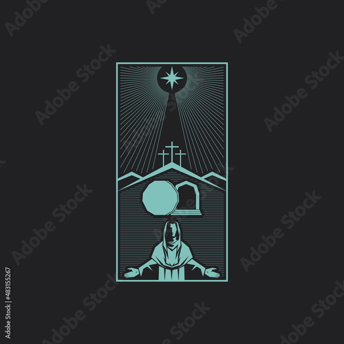 Resurrected Jesus Christ. An empty tomb and a rolled stone. Three crosses on Golgotha. Easter vector illustration.