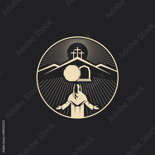 Resurrected Jesus Christ. An empty tomb and a rolled stone. Three crosses on Golgotha. Easter vector illustration.