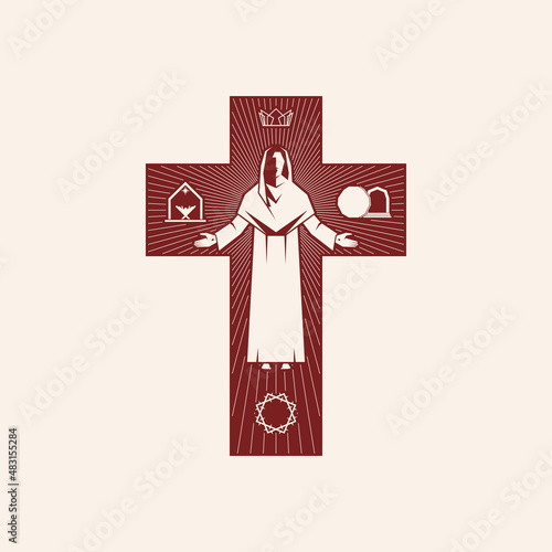 Easter vector illustration. The Risen Christ on the background of the cross.