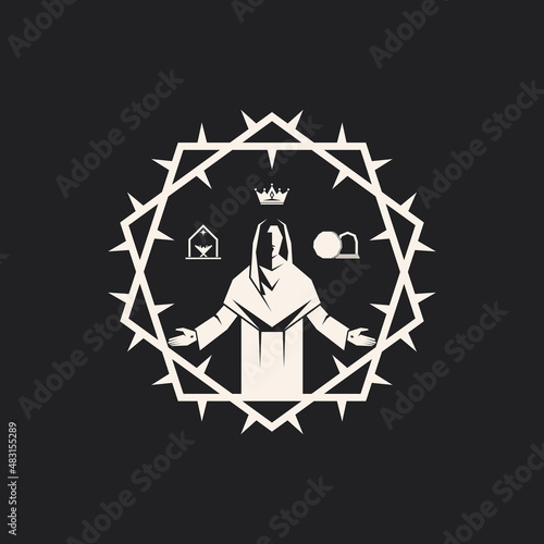 Easter vector illustration. The Risen Christ against the background of the crown of thorns.