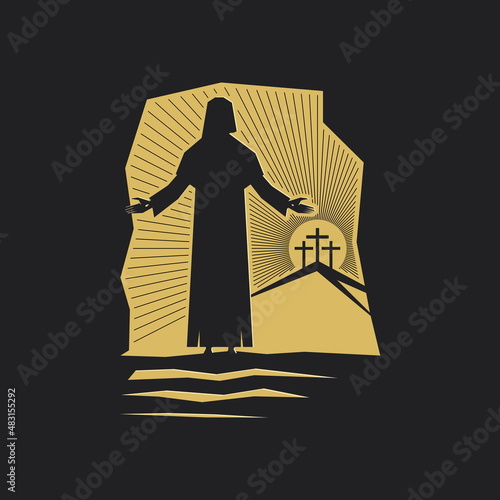 Easter vector illustration. Jesus Christ is resurrected and comes out of the tomb. Three crosses on Golgotha.