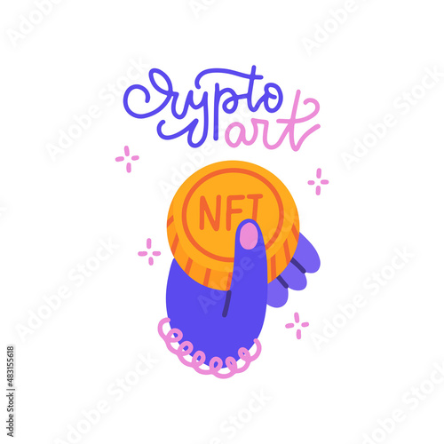Crypto Coin Earned by selling NTF art. Hand trading non fungible token for crypto art based in blockchain technology and disruptive monetization in collectibles market. Vector flat illustration