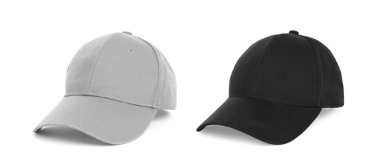 Different baseball caps on white background, collage. Mock up for design