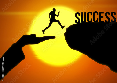 A helping Hand towards the Step of Success Background. Man Jumping From hand towards the mountain of success