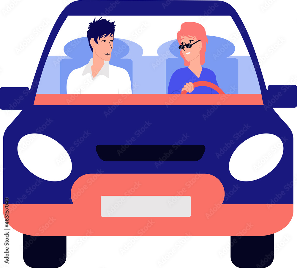 Journey. Loving man and woman. Riding in a blue car. The girl is driving. Vector flat.