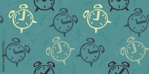 seamless pattern with alarm clocks in trendy colors. texture grunge background. Vector illustration