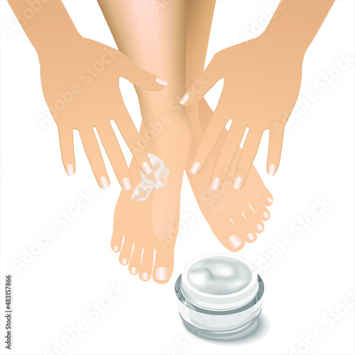 Beautiful well-groomed female hands applying foot moisturizer. Slender groomed woman's feet with cream on the white background. Hygienic cream. Glass jar with  foot  cream.