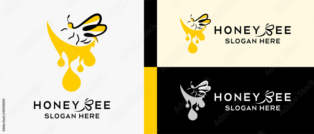 honey bee logo design template with simple and elegant creative concept of bee and honey drop elements. premium vector logo illustration